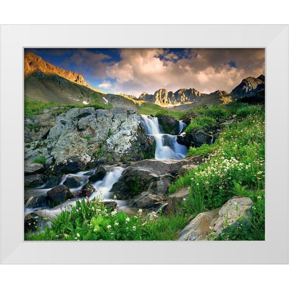 SMO 32x26 White Modern Wood Framed Museum Art Print Titled - A spring cascade with white wildflowers in American Basin in the Colorado Rocky Mountains