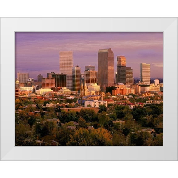 SMO 32x26 White Modern Wood Framed Museum Art Print Titled - Denver-Colorado skyline glistens in early morning during sunrise against the Rocky Mountains