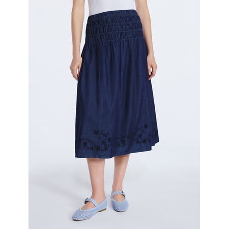 Free Assembly Women's and Women's Plus Embroidered Cotton Maxi Skirt with Smocked Waist, Sizes XS-4X