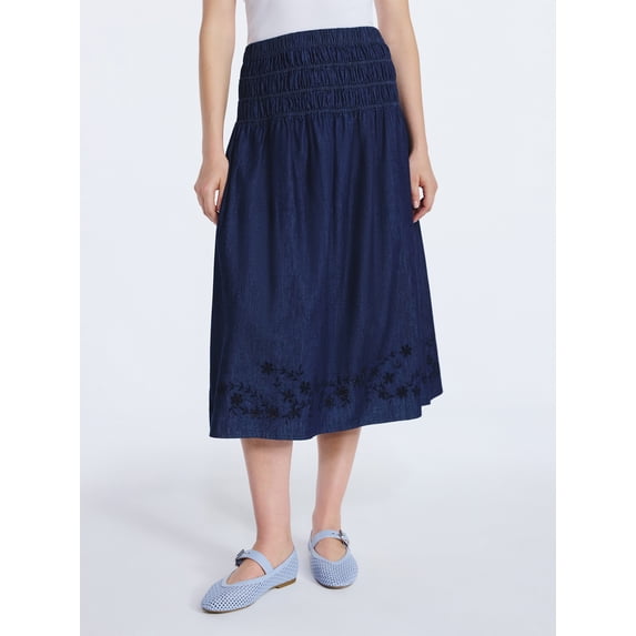 Free Assembly Women's and Women's Plus Embroidered Cotton Maxi Skirt with Smocked Waist, Sizes XS-4X