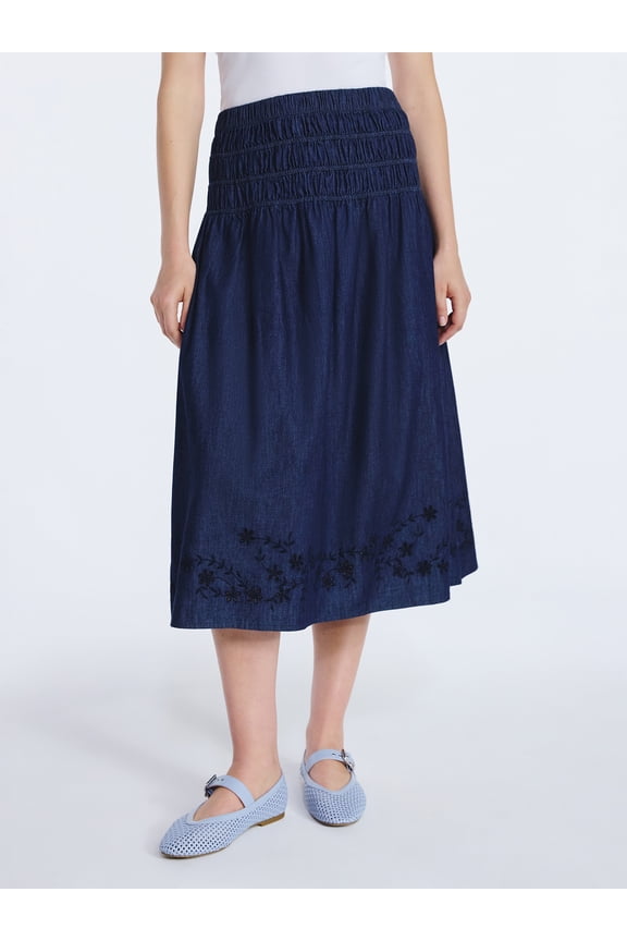 Women's and Women's Plus Embroidered Cotton Maxi Skirt with Smocked Waist, Sizes XS-4X