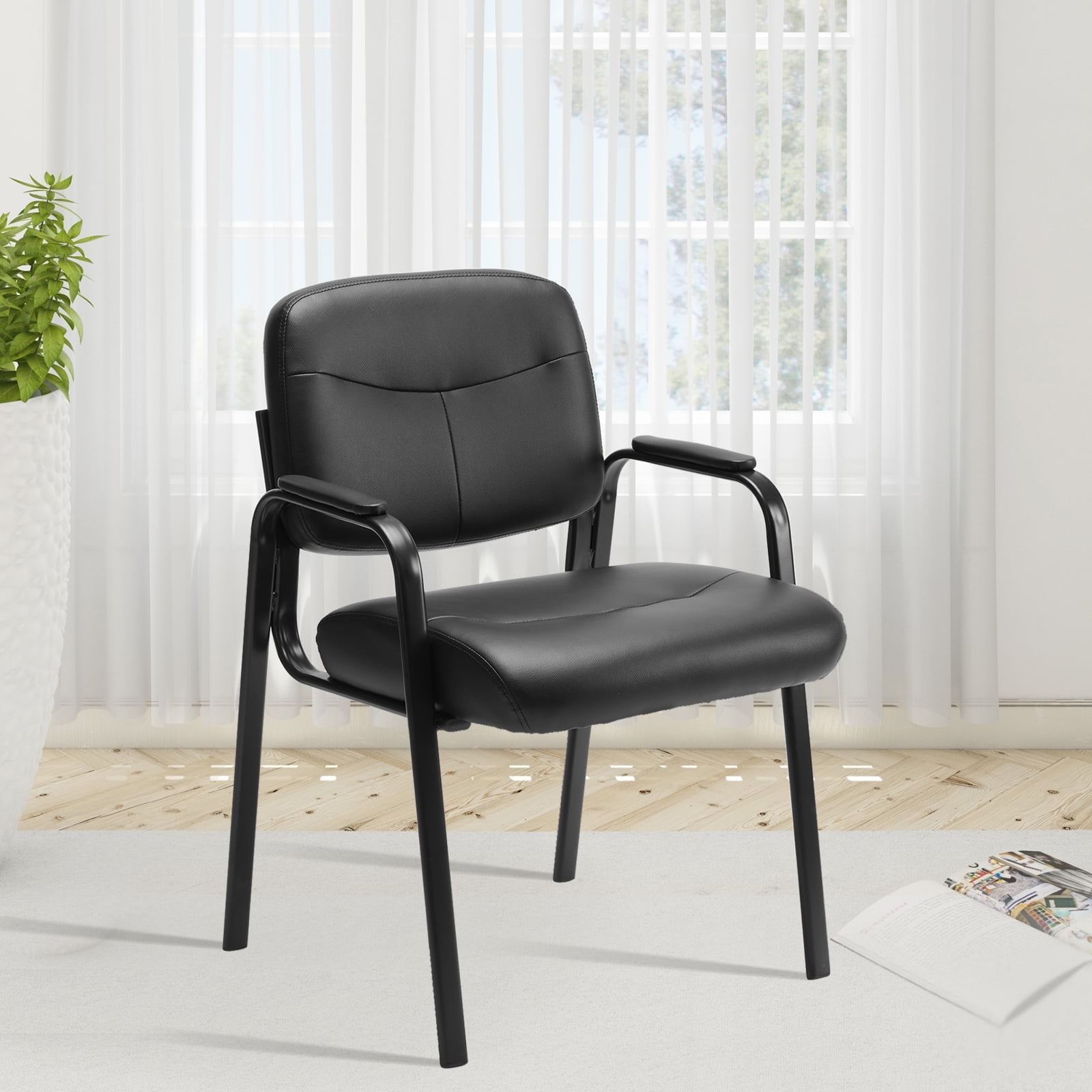 SMOMONT Black Office Guest Chair With PU Padded Armrests For Reception smomont-black-office-guest-chair-with-pu-padded-armrests-for-reception
