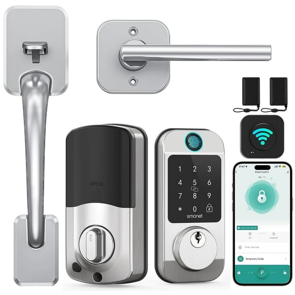 SMONET Keyless Entry Door Lock Deadbolt with Handle Set - Fingerprint WiFi Smart Locks, Digital Remote Control Keypad Bluetooth Alexa Deadbolt Lockset with Auto Lock Code Fob App Silver