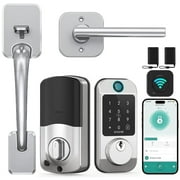 SMONET Keyless Entry Door Lock Deadbolt with Handle Set - Fingerprint WiFi Smart Locks, Digital Remote Control Keypad Bluetooth Alexa Deadbolt Lockset with Auto Lock Code Fob App Silver