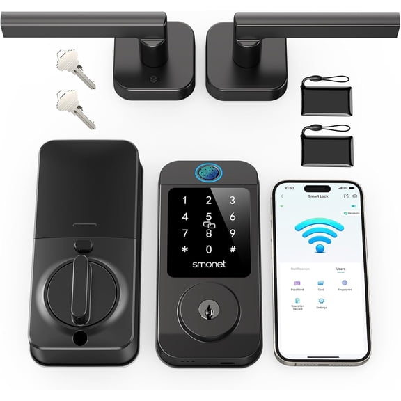 SMONET Smart Lock with Door Lever,Fingerprint Keyless Entry Door Lock with Handle,Built-in WiFi Deadbolt for Front Entry Door,Easy Installation,App Remote Control,Auto Lock,Black