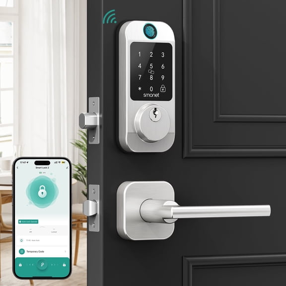 SMONET WiFi Door Lock with Handle Set - Fingerprint Smart Locks for Front Door, Deadbolt Keypad Bluetooth Digital Lock Set with Alexa, App Remote Control, Auto Lock, for Home Silver