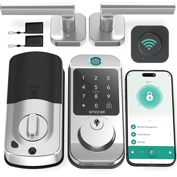 SMONET WiFi Smart Front Door Lock Set with Lever Handle, Fingerprint Keyless Entry Digital Keypad Electronical Bluetooth Deadbolt Remote Control via App & Alexa, Auto Lock, Code & Fob SILVER
