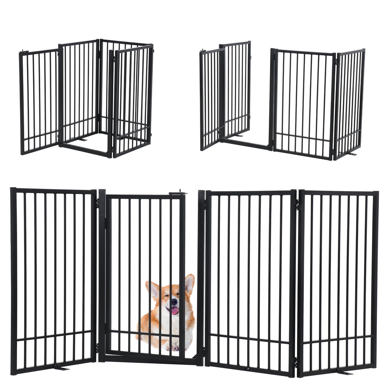 SMONTER Free Standing Dog Gate with Door Walk Through, 80.5'' Extra Wide Indoor Dog Fence, 31.5'' Height 4 Panels Foldable Metal Pet Puppy Gate for Stairs, Hallways, Doorway