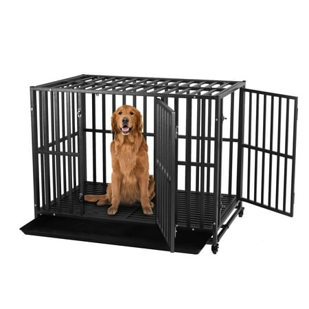 SMONTER Heavy Duty Dog Crate-42 inch Large Metal Dog Cage with 2 Doors and 4 Wheels, Stackable Dog Kennel for Large & Medium Dogs, Removable Tray