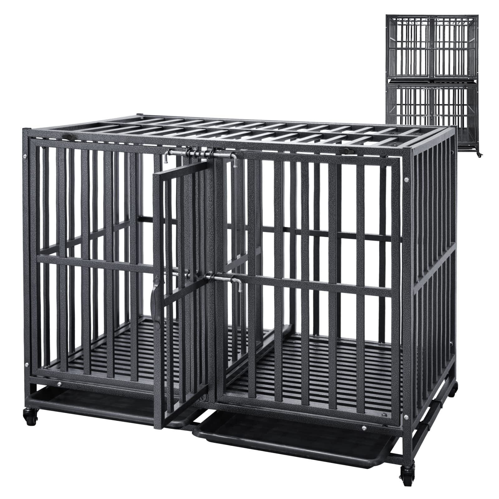 SMONTER Stackable Dog Crates with Divider- Heavy Duty Dog Cage and Kennel for 2 Small & Medium Dogs, 44in