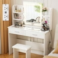 thumbnail image 1 of SMOOL Vanity with Lighted Mirror, Makeup Vanity Desk with Glass Top & Power Outlet, 3 Color Light Options, Vanity Table with 6 Storage Shelves, 2 Large Drawers and Cushioned Stool for Bedroom, White, 1 of 8