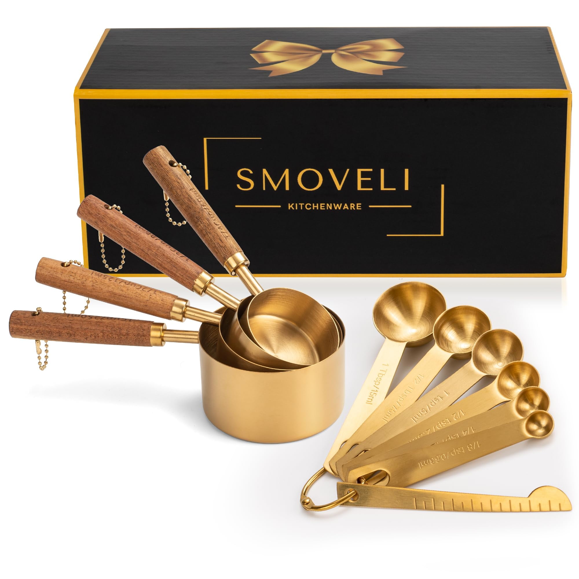 Gold Stainless Steel Measuring Cups and Spoons Set with Wooden Handles