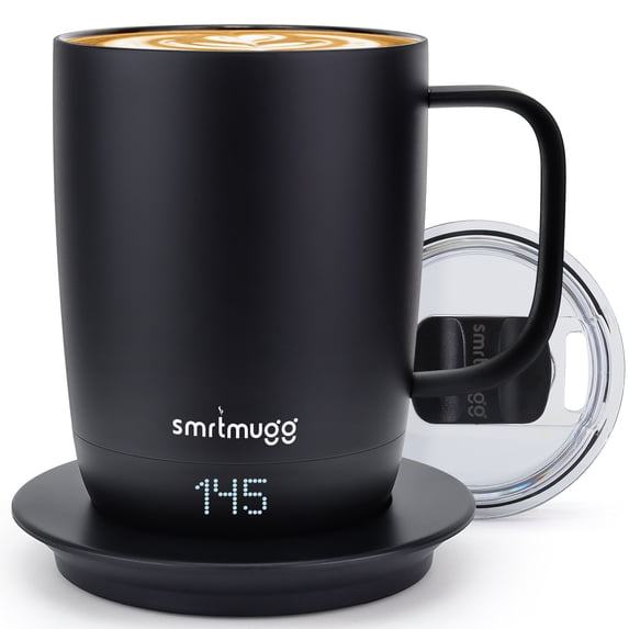 SMRTMUGG PRO Heated Coffee Mug 14 oz., 4 Hour Battery Life, Self-Heating, Adjustable Temperature Controlled, LCD Screen, One Button Temperature Adjustment, Includes Cover with Magnetic Slider (Black)