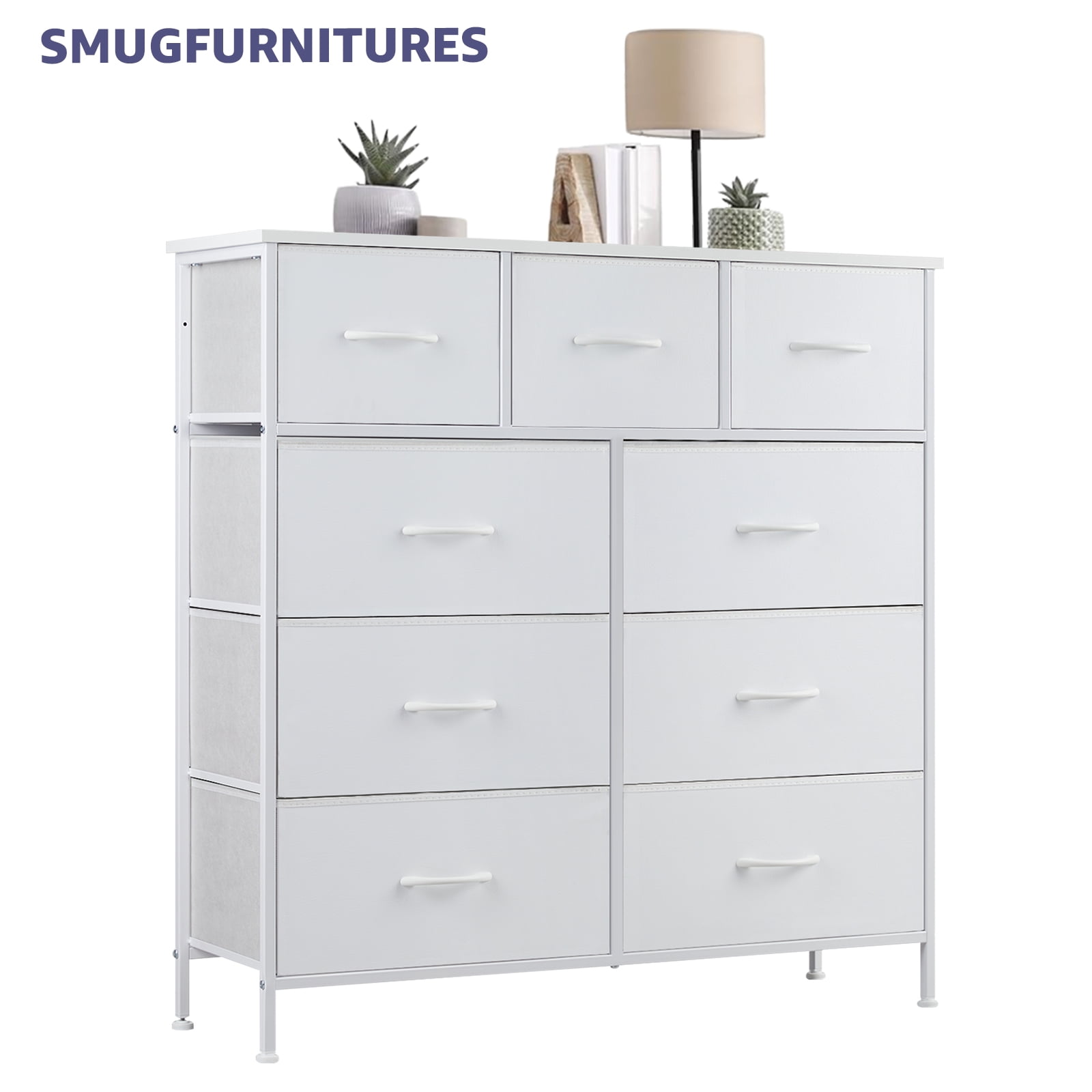 White Fabric Storage Dresser with 9 Drawers and Steel Frame