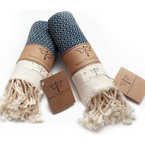 SMYRNA TURKISH COTTON Vintage Series Turkish Hand Towels, 16x40 inch, Decorative Turkish Hand Towels for Bathroom, Kitchen, Face, Hair, Tea, Yoga, Gym, Dishcloth Set of 2, Navy