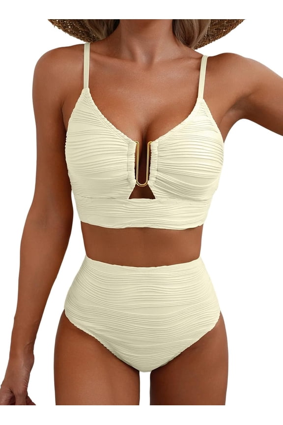 2 Piece Bikini Set V Neck Cutout Swimsuit High Waisted Textured Ruched 2025 Summer Beach Swim Bathing Suits