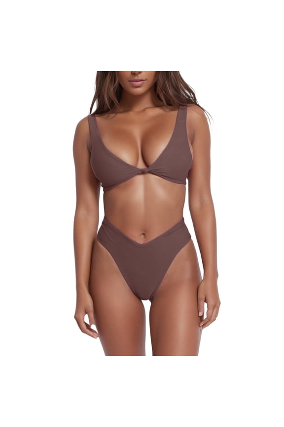 Bikini Set for Women Solid V Neck Knot Front Push Up High Leg Thong Two Piece Swimsuit