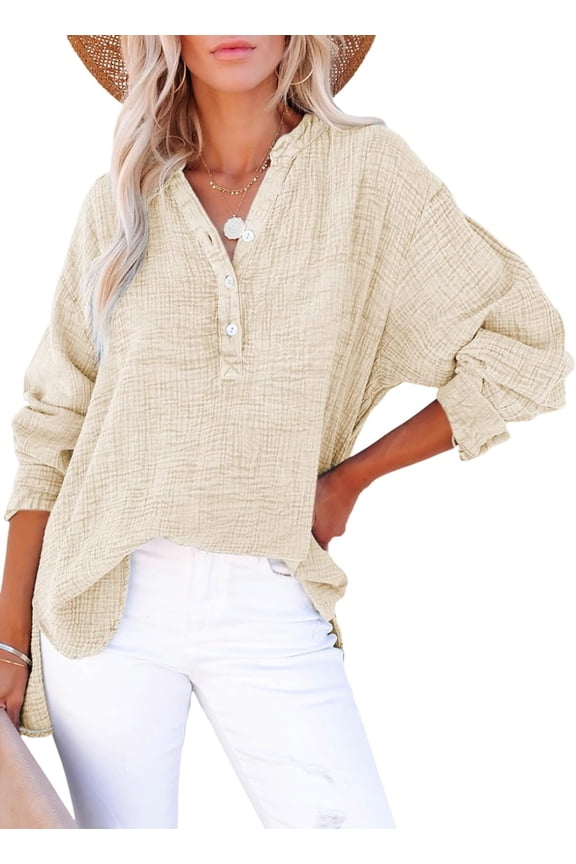 Linen Tops For Women Casual Button V Neck Long Sleeve Shirts Oversized Solid Blouses Tops