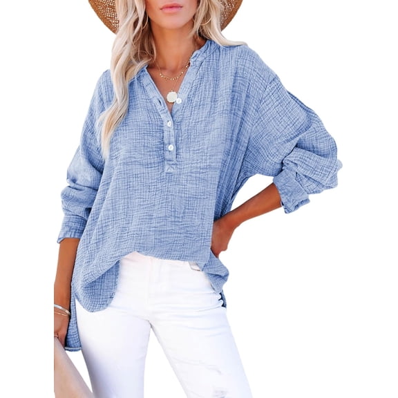 SMZ Linen Tops For Women Casual Button V Neck Long Sleeve Shirts Oversized Solid Blouses Tops
