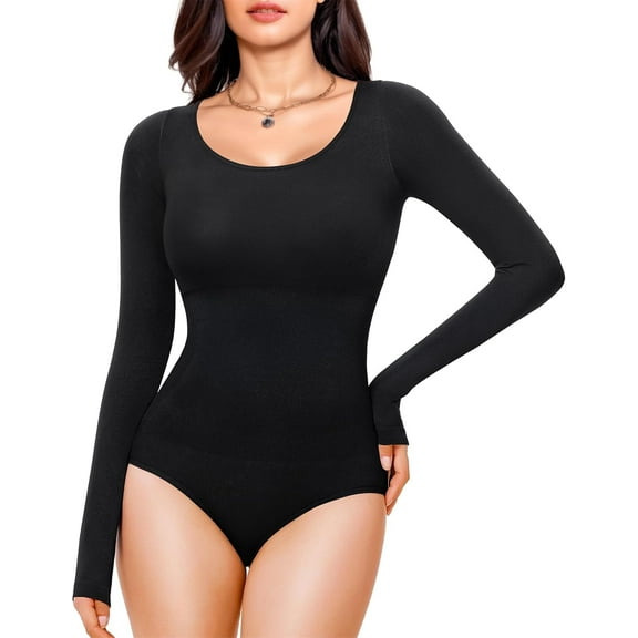 SMZ Long Sleeve Bodysuit for Women Tummy Control Crew Neck Body Suit Tops Slim Fit