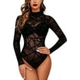 thumbnail image 1 of SMZ Long Sleeve Bodysuit for Women Turtleneck Sheer Mesh Bodysuit Geo Print Leotards, 1 of 5