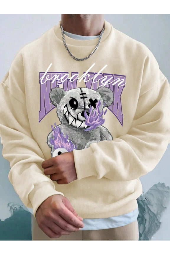 Men's Print Sweatshirt, Bear Print Long Sleeve Crewneck Pullover Top, Fashion Graphic Relax Fit Sweatshirts for Men