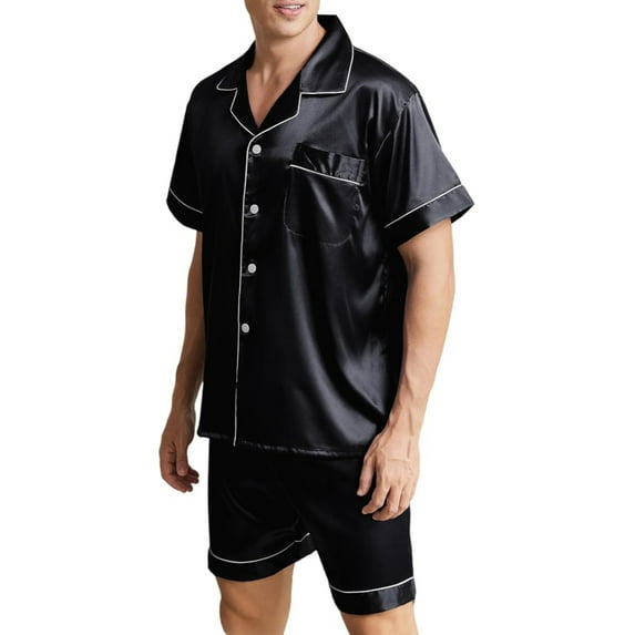 SMZ Mens Satin Pajamas Set Short Sleeve Button Down Sleepwear Silk Lounge Set Soft Two Piece PJs with Pockets