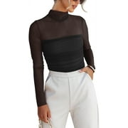 SMZ Mesh bodysuit for women Women s Trendy Sexy Mock Turtle Neck Long Sleeve Sheer Mesh Ruched Going Out Bodysuits Tops