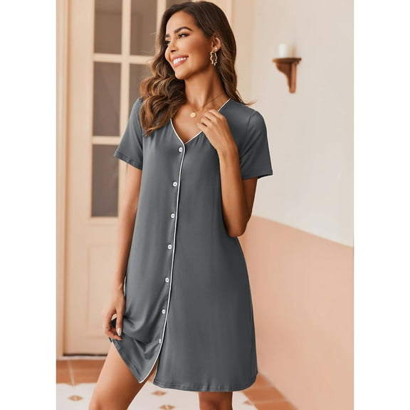 SMZ Nightgowns for Women utton Down Sleepshirt Short Sleeve Nightshirt Soft Sleepwear V Neck Pajama Dress