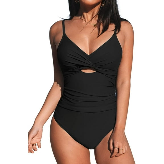 SMZ One Piece Swimsuit for Women Bathing Suits Twist Front Cutout Adjustable Straps Ruched Swimwear