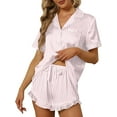 thumbnail image 1 of SMZ Satin Silk Pajamas for Women 2Pcs Ruffle Notch Collar Sleepwear Button Down Short Sleeve Shorts Pjs Set Loungewear, 1 of 7