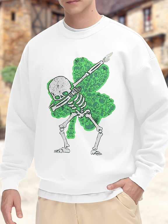 St Patricks Dabbing Skeleton Shamrock Skulls Mens Sweatshirt Unisex Crew-Neck Sweatshir