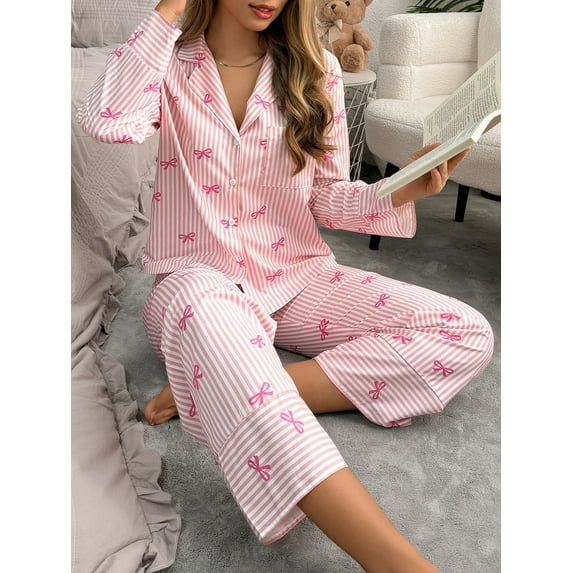 SMZ SweetSlumber Bow Tie & Striped Print Long Sleeve Pajama Set