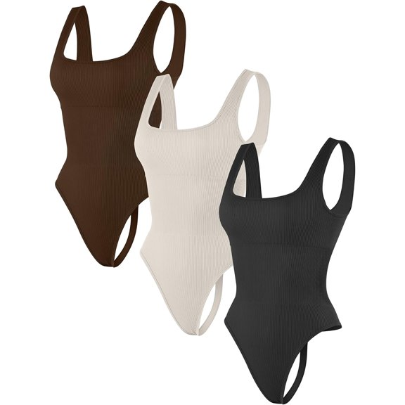 SMZ Thong Bodysuits for Women 3 Piece Sexy Ribbed Seamless Tummy Control Shapewear Sleeveless Square Neck Tank Top