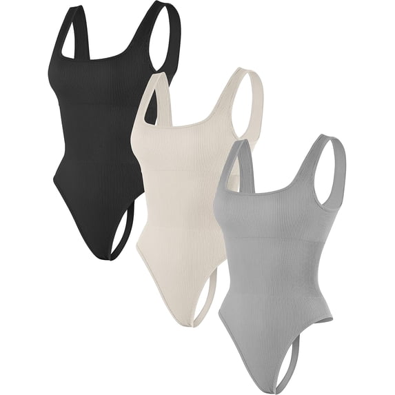 SMZ Thong Bodysuits for Women 3 Piece Sexy Ribbed Seamless Tummy Control Shapewear Sleeveless Square Neck Tank Top