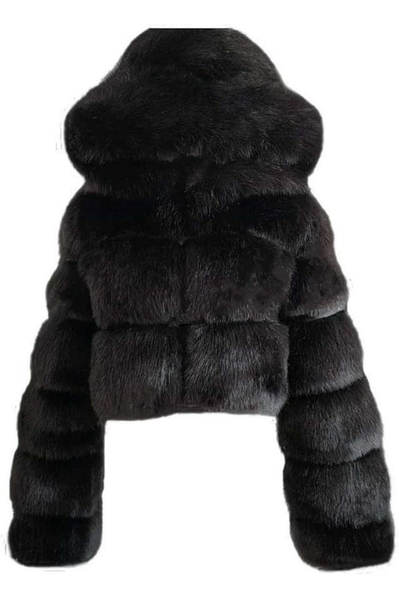 Winter Crop Coats Womens Faux Fur Jacket Long Sleeve Hooded Cropped Jackets Zipper Fuzzy Short Coat Outerwear