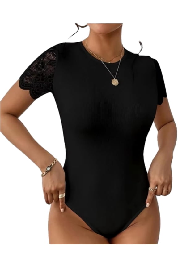 Women Floral Lace Backless Bodysuit Short Sleeve Crew Neck Lace Up Slim Ribbed Tops