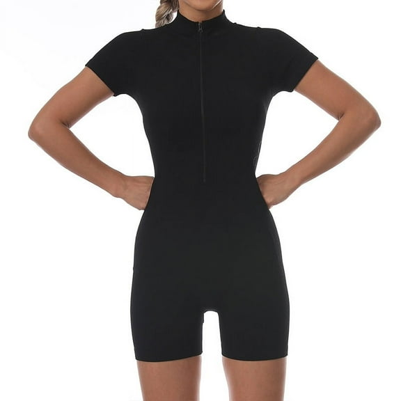 SMZ Women Rompers Ribbed Short Sleeve Zip Front Stretch Tummy Control Yoga Workout Rompers