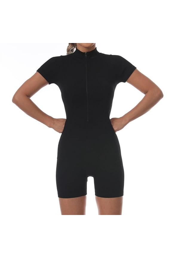 Women Rompers Ribbed Short Sleeve Zip Front Stretch Tummy Control Yoga Workout Rompers