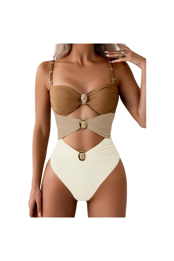 Women's Cut Out Colorblock One Piece Swimsuit Ruched Swimwear Bathing Suit