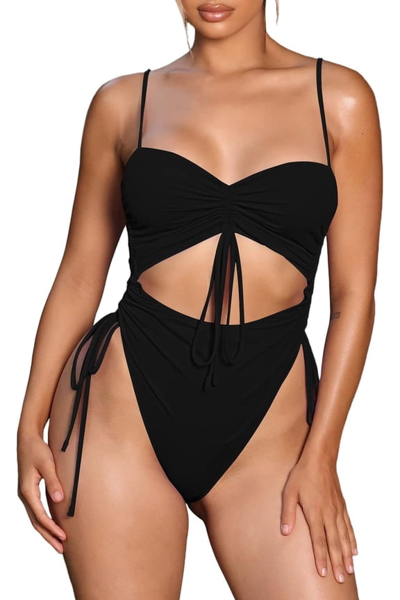 Women's Cut Out Drawstring One Piece Swimsuit Cheeky High Cut Bathing Suit
