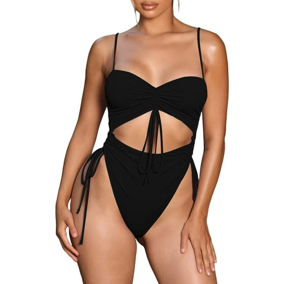 SMZ Women's Cut Out Drawstring One Piece Swimsuit Cheeky High Cut Bathing Suit