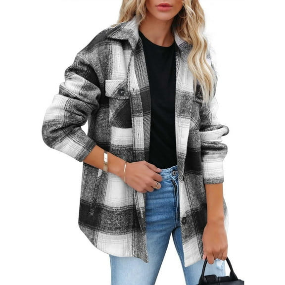 SMZ Women's Flannel Plaid Shacket - Long Sleeve Button-Down Jacket with Side Pockets