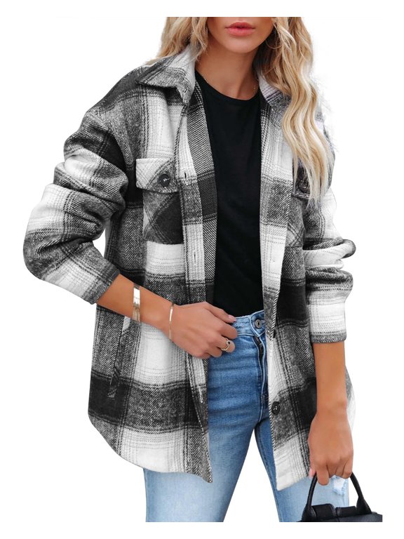 Women's Flannel Plaid Shacket - Long Sleeve Button-Down Jacket with Side Pockets