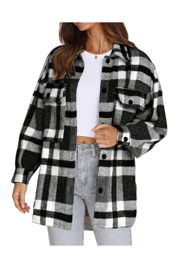 Women's Flannel Plaid Shacket - Long Sleeve Button-Down Jacket with Side Pockets