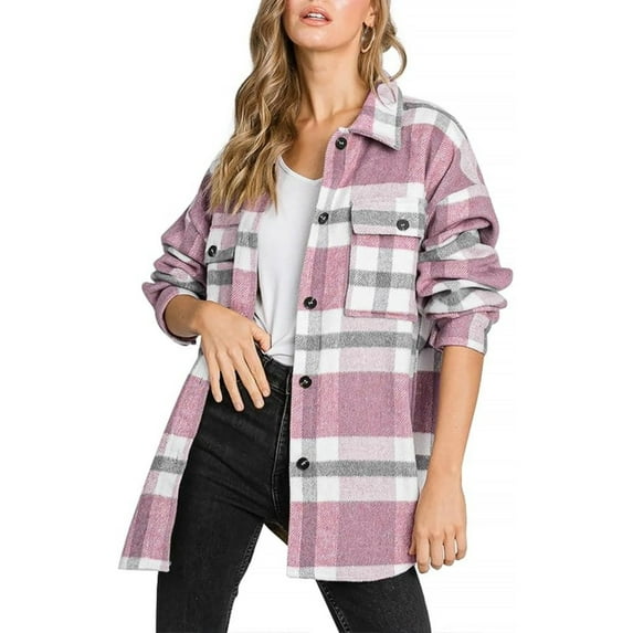 SMZ Women's Flannel Plaid Shacket - Long Sleeve Button-Down Jacket with Side Pockets