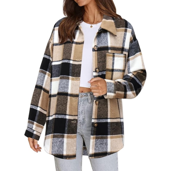 SMZ Women's Flannel Plaid Shacket - Long Sleeve Button-Down Jacket with Side Pockets