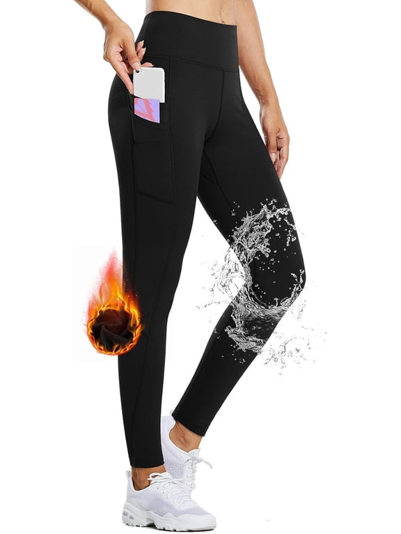 Women's Fleece Lined Leggings Water Resistant Thermal Winter Warm Tights High Waisted with Pockets Running Gear