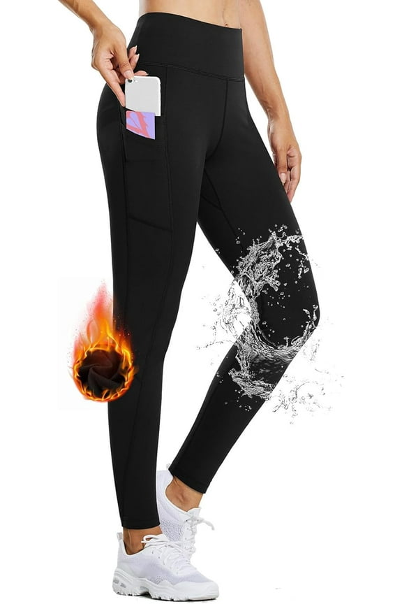 Women's Fleece Lined Leggings Water Resistant Thermal Winter Warm Tights High Waisted with Pockets Running Gear