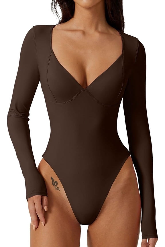 Women's Long Sleeve Bodysuit V Neck Body Suits Seamed Cup Going Out Tops Shirt